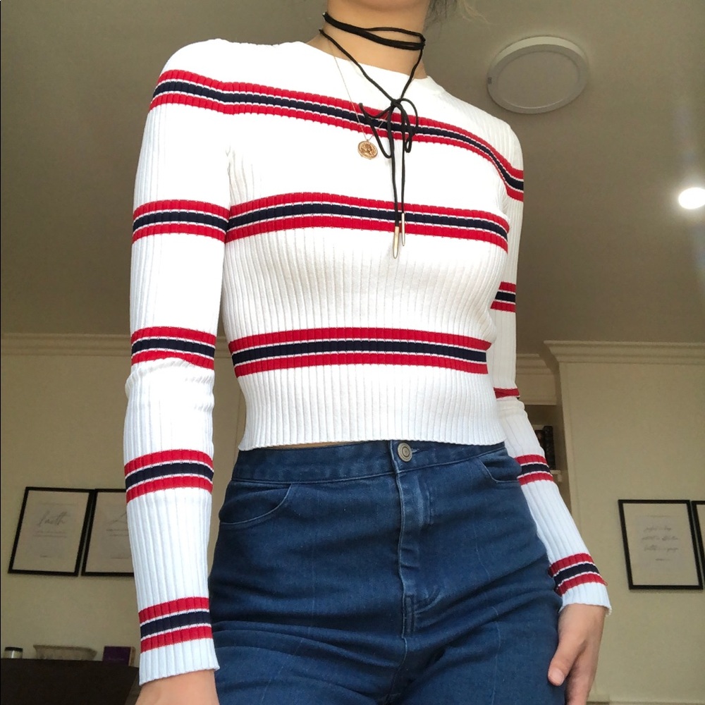 Forever 21 Pleated Red, White, Navy Striped Form Fitting Sweater
